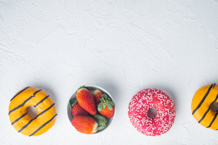 Glazed donuts set, on white background, top view flat lay with copy space for textの写真素材