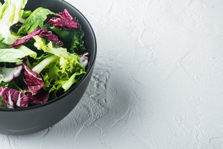 Fresh leaves of different lettuce salads, on white background with copy space for textの写真素材