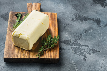 Fresh butter package, on gray background with copy space for textの写真素材