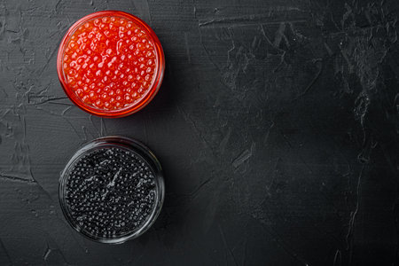 Red and black caviar in glass bowl, on black background, top view flat lay with copy space for textの写真素材