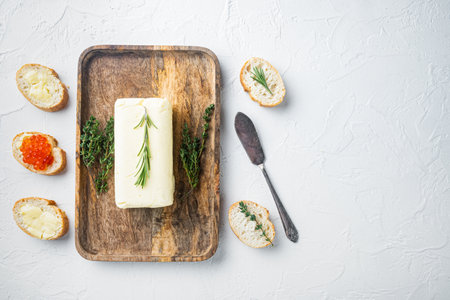 Natural organic butter, for breakfast, on white background, top view flat lay with copy space for textの写真素材