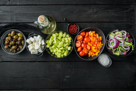 Cooking Greek salad ingredient, on black wooden table background, top view flat layの写真素材