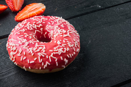 Pink strawberry flavor donuts, on black wooden table background with copy space for textの写真素材