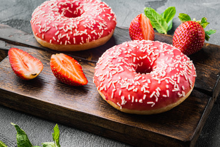 Strawberry Donuts with berrie, on gray backgroundの写真素材