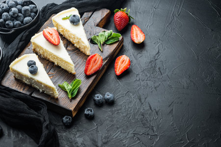 Portion of cheesecake with berrie, on black background with copy space for textの写真素材