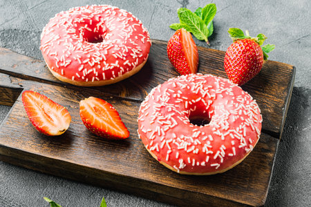 Pink donut with crumble, on gray backgroundの写真素材
