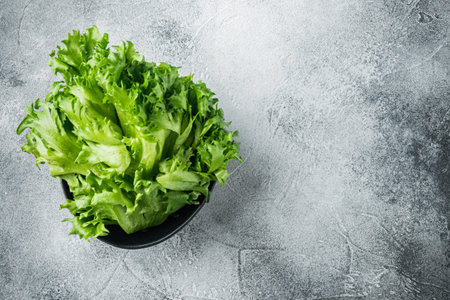 Fresh organic green batavia lettuce leaves, on gray background, top view flat lay with copy space...