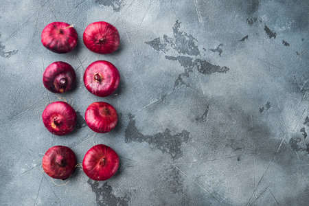 Purple Onion, on gray background, top view flat lay with copy space for textの写真素材