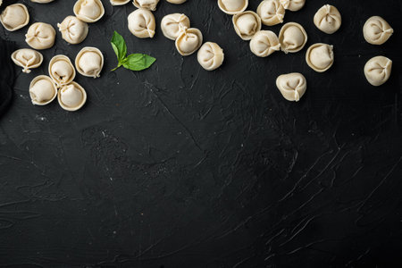 Tasty raw tortellini with flour and basil set, on black background, top view flat lay, with copyspace and space for textの写真素材