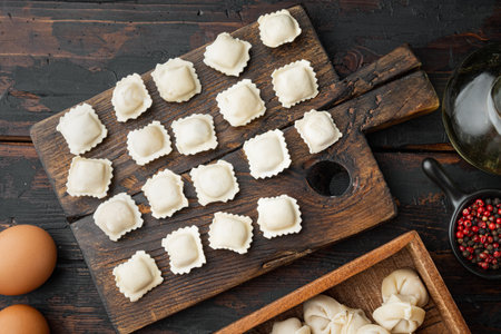 Italian Ravioli ingredients with fresh ricotta leaves and tomatoes set on old dark wooden table background, top view flat layの写真素材