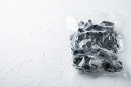 Frozen mussels in sash set, on white background, with copyspace and space for textの写真素材