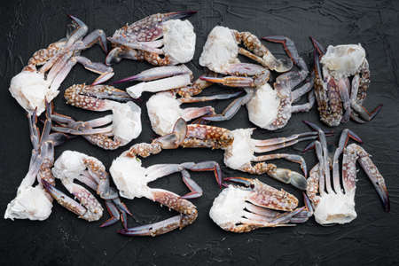 Fresh raw flower crab or blue crab frozen parts set, on black background, top view flat layの写真素材