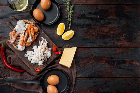 , on dark wooden background, top view flat lay, with copyspace and space for textの写真素材