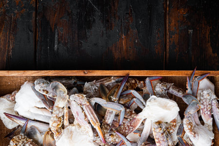 Horse crab, Blue crab, Flower crab frozen in ice set, in wooden box, on dark wooden background, top view flat lay, with copyspace and space for textの写真素材