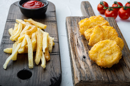 Chicken breast nuggets fried on white background.