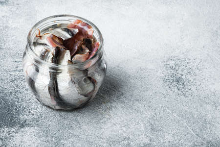 Pickled Anchovy set, in glass jar, on gray background, with copyspace and space for textの写真素材