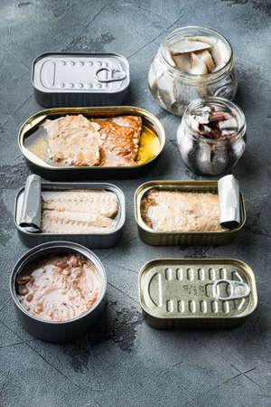 Salmon, tuna, trout mackerel and anchovy - Canned fish in tin cans set, on gray backgroundの写真素材