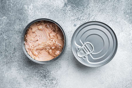 Canned Chunk Light Tuna set, in tin can, on gray background, top view flat layの写真素材