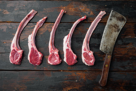 Frenched raw fatty lamb chops set, and old butcher cleaver knife, on old dark wooden table background, top view flat layの写真素材