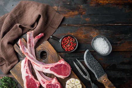 Fresh lamb cutlet. Organic meat steak set, with ingredients carrot orange, herbs, on old dark wooden table background, top view flat lay, with copyspace and space for textの写真素材