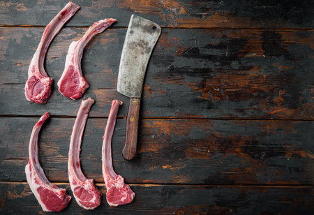 Raw fresh lamb ribs ready for cooking set, and old butcher cleaver knife, on old dark wooden table background, top view flat lay, with copyspace and space for textの写真素材