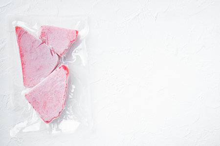 Frozen tuna steak vacuum pack set, on white stone background, top view flat lay, with copyspace and space for textの写真素材
