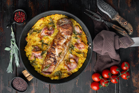 Baked pork fillet loin with potatoe and herbs set, on frying cast iron pan, with barbeque knife and...