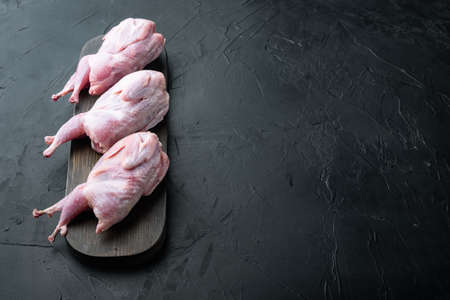 Fresh organic whole quail meat, on black textured background with copy spaceの写真素材