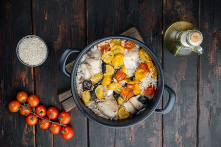 White tilapia fish, with basmati rice and cherry tomatoes, on dark wooden background, top view