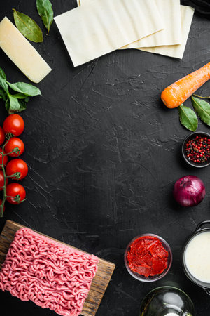 Empty space clean Frame set The concept of cooking lasagna. Italian Ingredients, lasagna sheets meat...