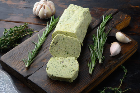 Homemade Herb Butter with garlic set, on old dark wooden table background