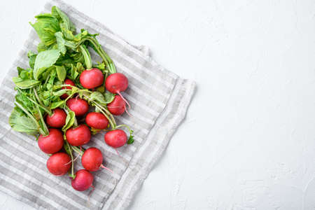 Summer harvested red radish. Growing organic vegetables. Large bunch of raw fresh juicy garden radish set, on white stone background, top view flat lay, with copy space for textの写真素材