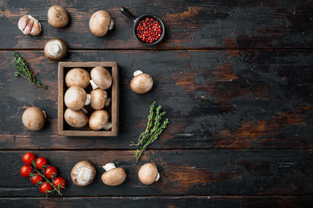 Brown champignons mushroom set, on old dark wooden table background, top view flat lay, with space for text copyspaceの写真素材
