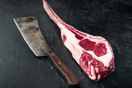 Raw fresh tomahawk black angus prime beef chop steak set, and old butcher cleaver knife, on black stone background, with copy space for textの写真素材
