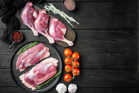 Raw duck meat set, with herbs and ingredients, on black wooden table background, top view flat lay, with copyspace and space for textの写真素材