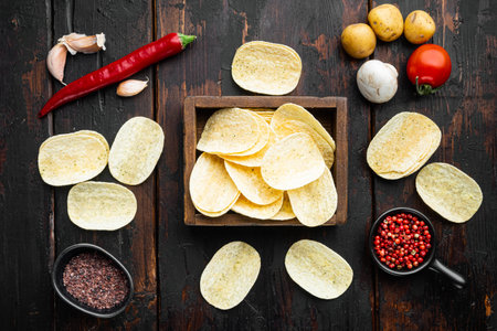Potatoe chips set, on old dark wooden table, top view flat layの写真素材