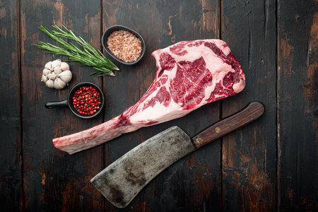 Raw uncooked black angus beef tomahawk steak on bone set, and old butcher cleaver knife, with...