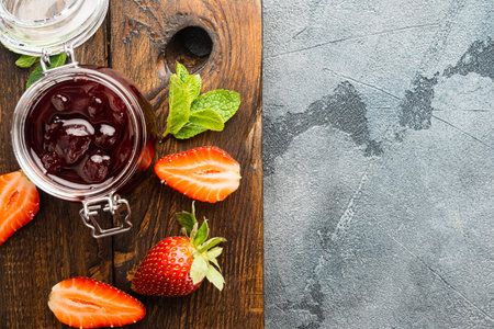Jars of strawberry jam with berries, on gray background, top view flat lay with copy space for textの写真素材