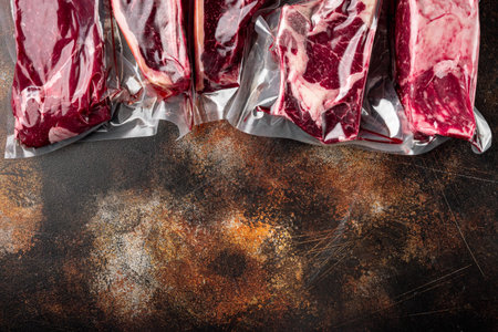 Beef steak vacuum set, tomahawk, t bone, club steak, rib eye and tenderloin cuts, on old dark rustic background, top view flat lay, with copy space for textの写真素材