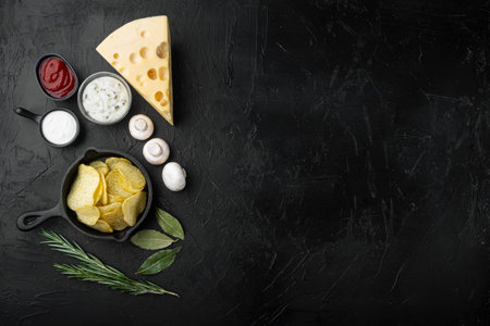 Delicious crispy potato chips set with Cheese and Onion, on black stone background, top view flat...