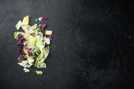 Salad with a mix of different salad leaves, like romaine lettuce, endive or arugula set, on black stone background, top view flat lay, with copy space for textの写真素材