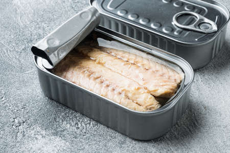 Canned Mackerel Fillets in Tin set, in tin can, on gray backgroundの写真素材
