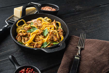 Wild hare with Vegetable in White Wine Sauce pasta tagliatelle or pappardelle set, in frying cast iron pan or pot, on black wooden table, with copy space for textの写真素材