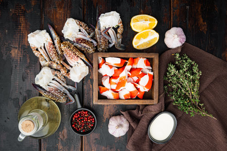 Fresh Crab meat surimi with blue swimming crab set, in wooden box, on dark wooden background, top view flat layの写真素材