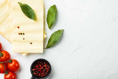 Lasagna dough sheets set, with seasoning and herb, on white stone background, top view, flat lay, with copy space for textの写真素材