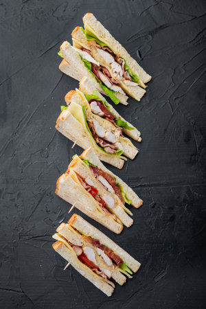 Fresh sandwiches with ingredient, on black background, top viewの写真素材