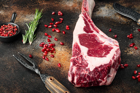 Raw fresh tomahawk black angus prime beef chop steak set, with seasoning and herbs, on old dark rustic background, with copy space for textの写真素材