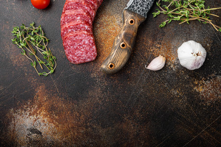 Salami with herbs, garlic set, on old dark rustic table background, top view flat lay, with copy space for textの写真素材
