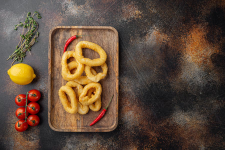 Crispy squid rings in breadcrumbs set, on serving board, on old dark rustic table background, top...