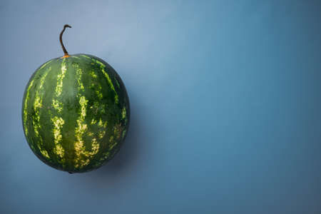 Watermelon whole set, on blue textured summer background, with copy space for textの写真素材